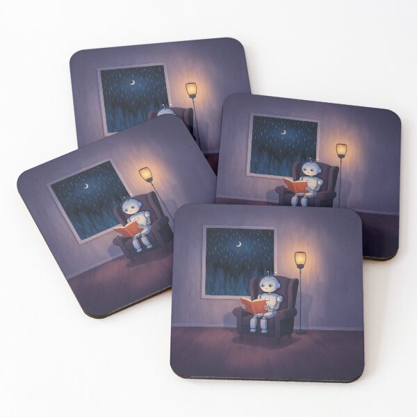 Item preview, Rainy Night Reader – Cozy Robot Art Print designed and sold by Whimsical Hug.