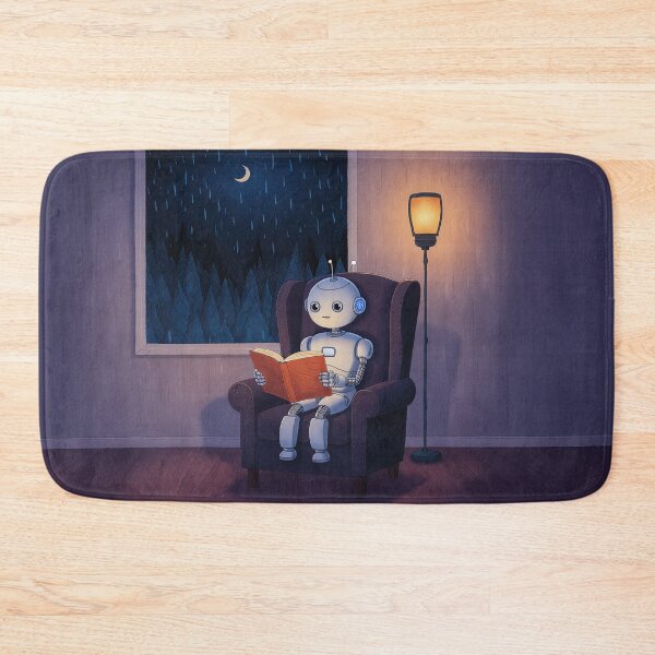 Item preview, Rainy Night Reader – Cozy Robot Art Print designed and sold by Whimsical Hug.