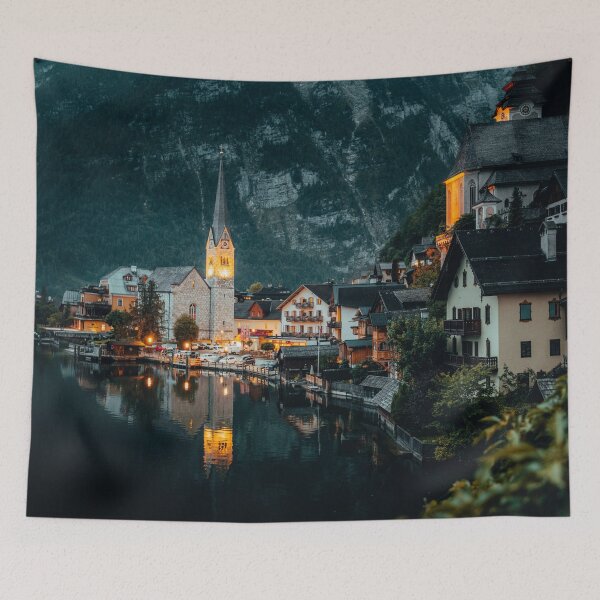 Item preview, Cozy Alpine Lake Village at Dusk – Magical European Landscape Photography designed and sold by Ataqhin.