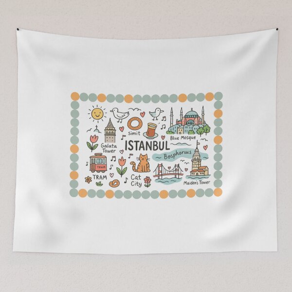Item preview, Whimsical Istanbul Illustrated Design 2 – Hand-Drawn City Map with Iconic Landmarks, Cats, Tea & Bosphorus Charm designed and sold by asliberry.