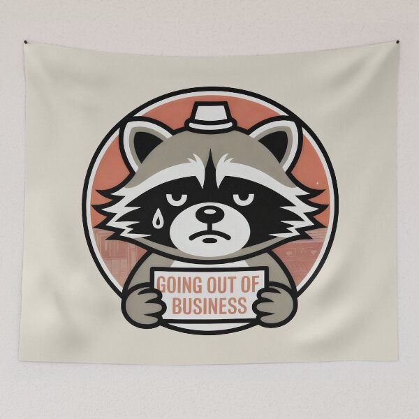Item preview, Going Out of Business Sad Raccoon Cartoon Sign Design designed and sold by SplashTastic.