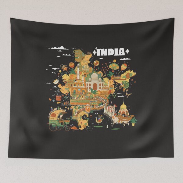 Item preview, India Illustrated Map Taj Mahal Indian Culture Art Black designed and sold by TitanRN.