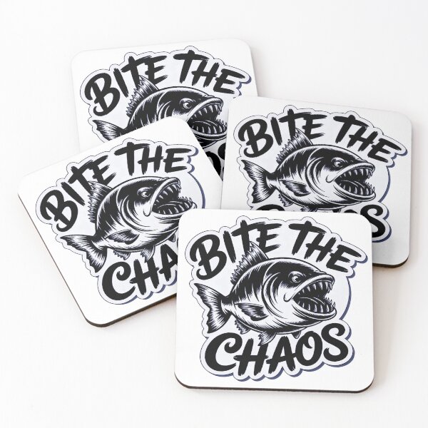 Item preview, Realistic piranha illustration with Bite the Chaos lettering for bold monochrome sticker design designed and sold by ARTCREATESHOP.