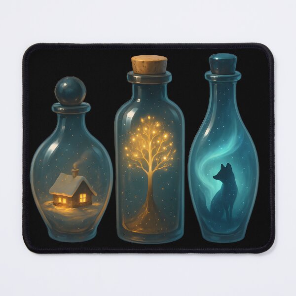 Item preview, Memory Bottles – Elegant Fantasy Glass Bottles with Mini Worlds Winter Cottage Aurora Fox Art designed and sold by Lurixo.