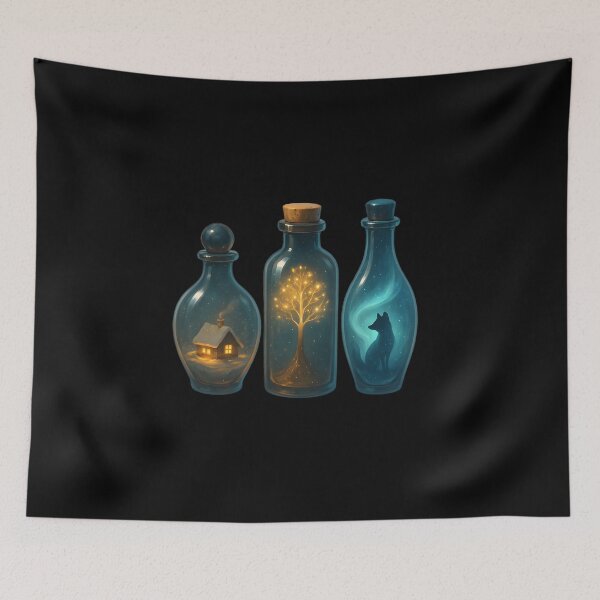 Item preview, Memory Bottles – Elegant Fantasy Glass Bottles with Mini Worlds Winter Cottage Aurora Fox Art designed and sold by Lurixo.