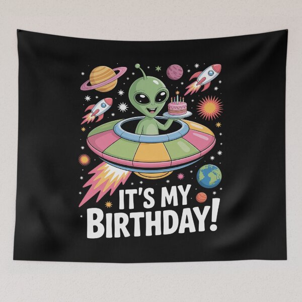 Item preview, It's My Birthday Cute Alien UFO Ship In Space Funny Alien  designed and sold by HollyBellArtSte.