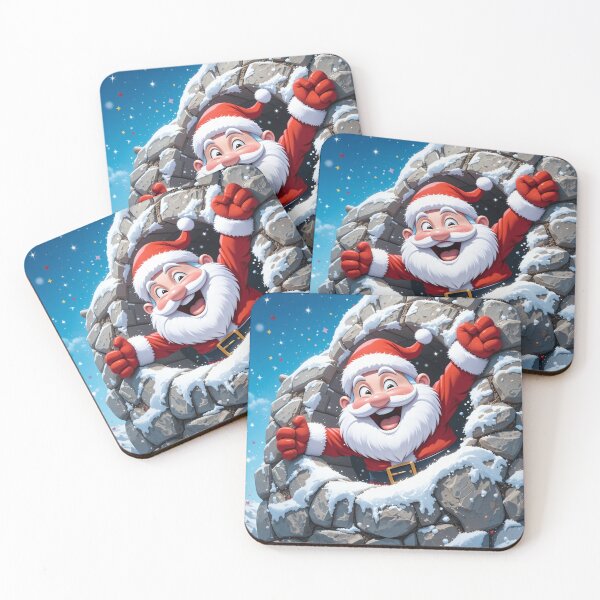 Item preview, Cheerful Cartoon Santa Claus Bursting Through a Snowy Cracked Stone Wall – Festive Christmas Illustration designed and sold by PixelVibe782.