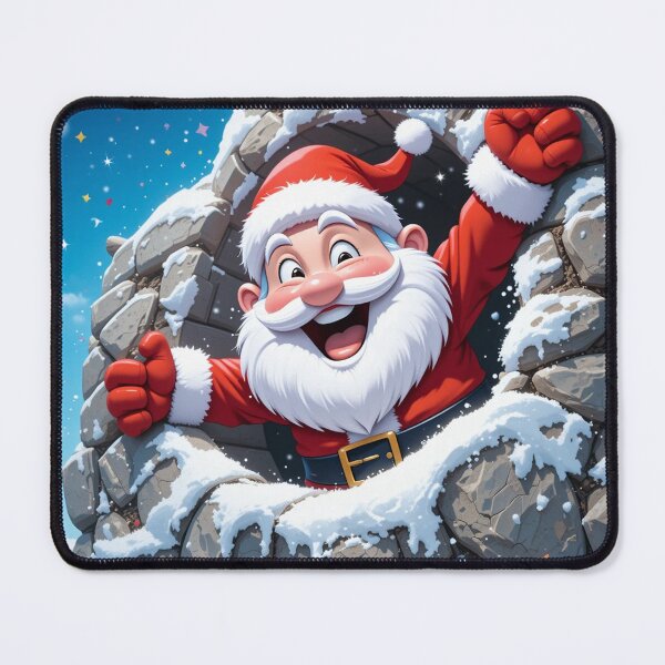 Item preview, Cheerful Cartoon Santa Claus Bursting Through a Snowy Cracked Stone Wall – Festive Christmas Illustration designed and sold by PixelVibe782.