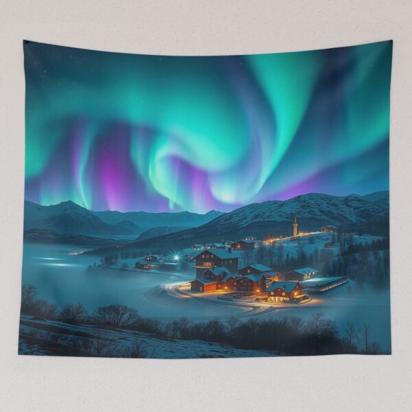 Item preview, Aurora Village Dreams – winter magic, glowing windows & poetic silence in snowy mountain light designed and sold by FotoworldEdel.