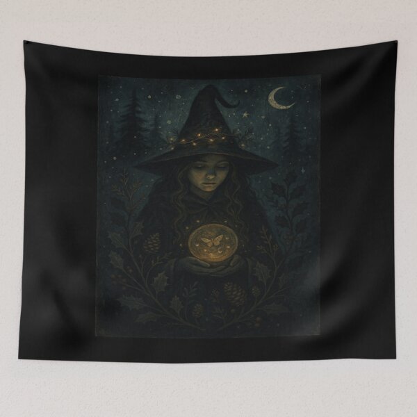 Item preview, Dark Winter Witch of the Golden Light – Enchanted Night Illustration designed and sold by jolille.