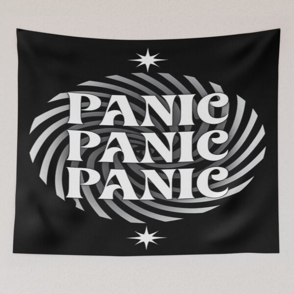 Item preview, "PANIC Spiral Art – Bold Optical Illusion Poster with Repeating Text and Hypnotic Black White Pattern" designed and sold by Bright Nest Studio.
