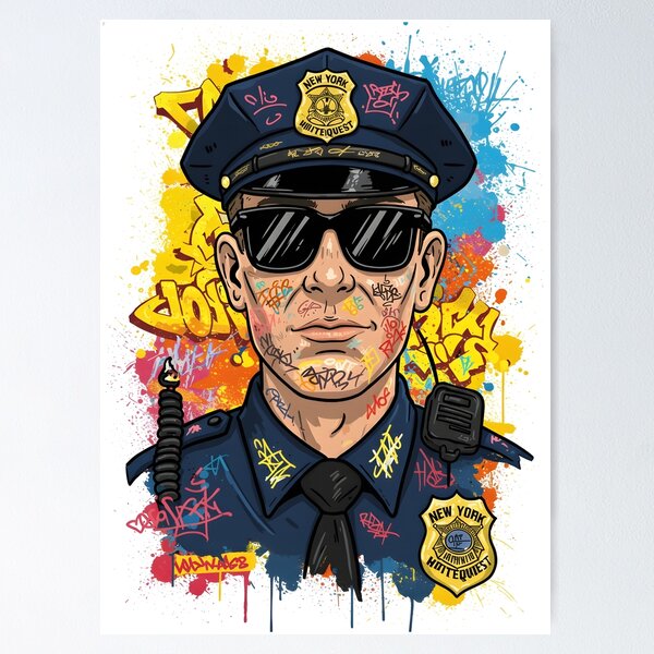 Item preview, Graffiti NY Police Officer Art Print – Urban Street Art Portrait with Spray Paint & Tags | Bold Pop Art Wall Decor designed and sold by R-B-Colors.