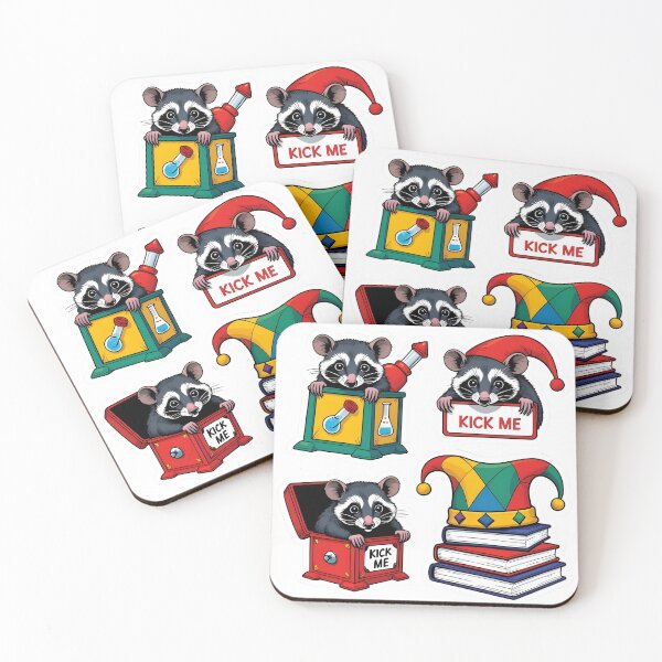 Item preview, Sticker-style opossum prank school illustration set with chemistry beaker jack-in-the-box, eraser gag, jester hat notebooks designed and sold by ArtPetrenko90.