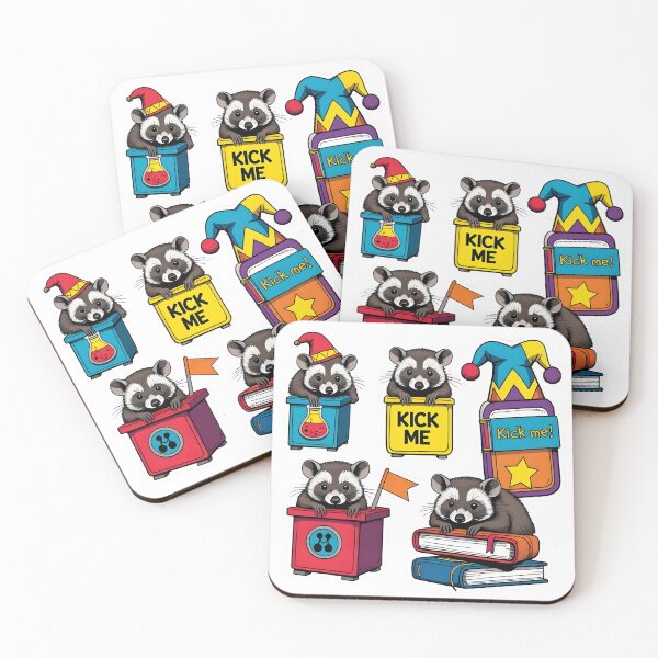 Item preview, Sticker-style opossum prank school illustration set with chemistry beaker jack-in-the-box, eraser gag, jester hat notebooks designed and sold by ArtPetrenko90.