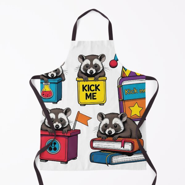 Item preview, Sticker-style opossum prank school illustration set with chemistry beaker jack-in-the-box, eraser gag, jester hat notebooks designed and sold by ArtPetrenko90.