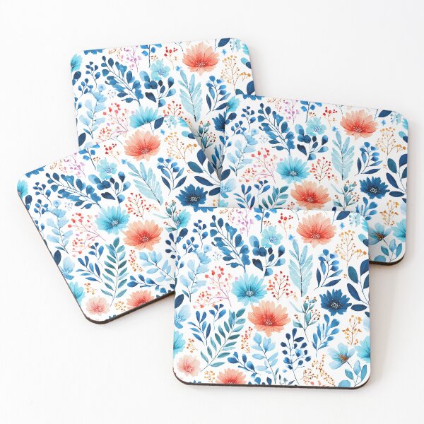 Item preview, Watercolor Blue Orange Flowers Seamless Pattern designed and sold by BonaDesignsArt.