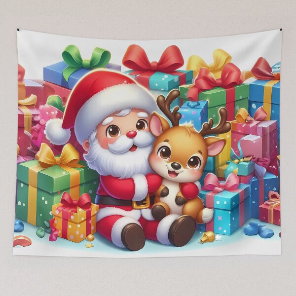 Item preview, Cute Santa and Reindeer Surrounded by Christmas Gifts designed and sold by Art-Arcade6.