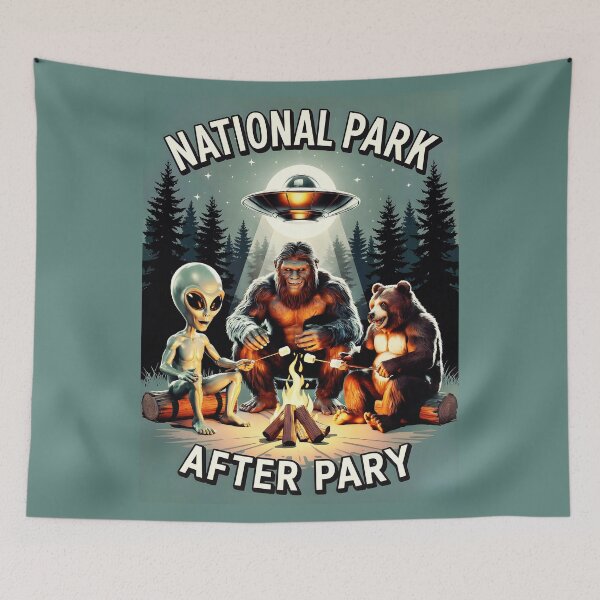 Item preview, “National Park After Party” – Alien, Bigfoot & Bear Campfire | Funny Retro Adventure designed and sold by paulo silveira.