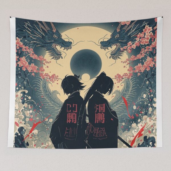 Item preview, Twin Samurai Under Crescent Moon – Yin-Yang Dragons & Sakura Storm (Ukiyo-e Anime) designed and sold by Vandy Fullam.