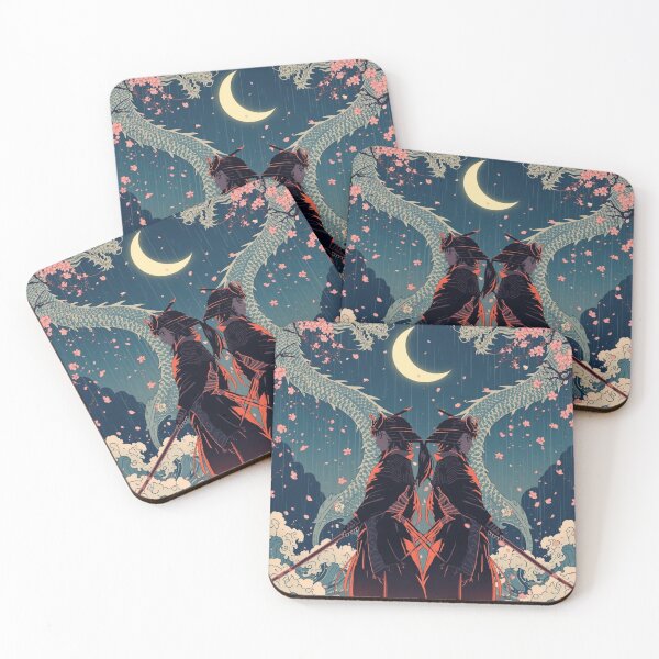 Item preview, Crescent Moon Samurai Duo – Twin Anime Warriors & Dragon Spirits (Ukiyo-e Style) designed and sold by Vandy Fullam.