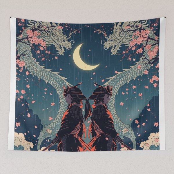 Item preview, Crescent Moon Samurai Duo – Twin Anime Warriors & Dragon Spirits (Ukiyo-e Style) designed and sold by Vandy Fullam.