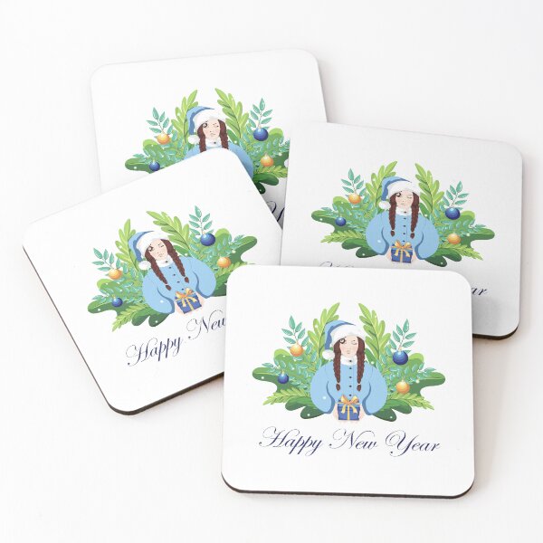 Item preview, Happy New Year card, festive brunette Woman with braids in blue Santa outfit offering a Gift, surrounded by Christmas greenery and Holiday decorations designed and sold by KosaUA.