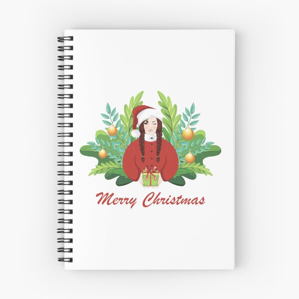 Item preview, Merry Christmas card, festive brunette Woman with braids in red Santa outfit offering a Gift, surrounded by Christmas greenery and Holiday decorations designed and sold by KosaUA.