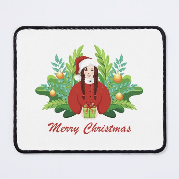 Item preview, Merry Christmas card, festive brunette Woman with braids in red Santa outfit offering a Gift, surrounded by Christmas greenery and Holiday decorations designed and sold by KosaUA.