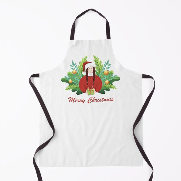 Item preview, Merry Christmas card, festive brunette Woman with braids in red Santa outfit offering a Gift, surrounded by Christmas greenery and Holiday decorations designed and sold by KosaUA.
