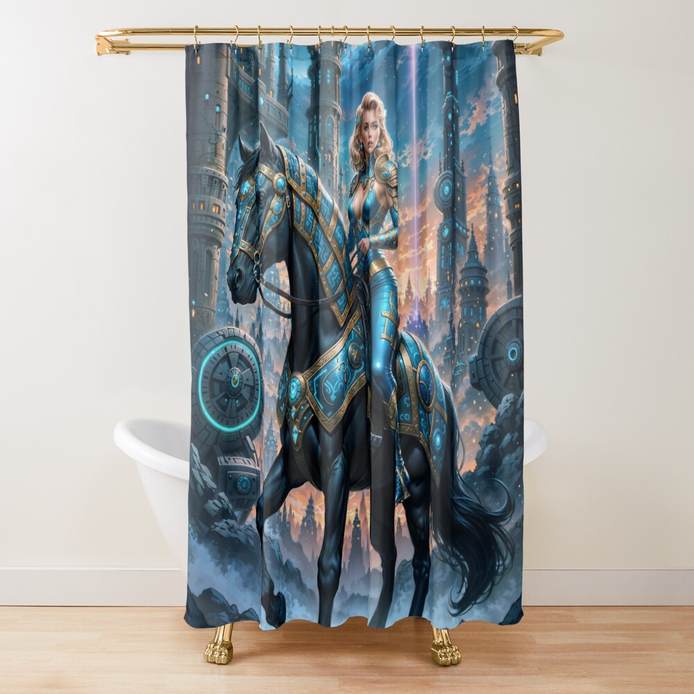 Mylara Wynthra Riding Nyxarion In Gryndorium AI Concept Art by Xzendor7 | An Enchanting Fantasy Realm 2 Mylara Wynthra Riding Nyxarion In Gryndorium Stunning AI Concept Art by Xzendor7 Decorative Art Print Shower Curtain
