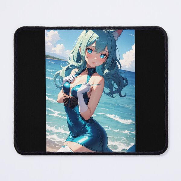 Item preview, Sultry Beach Neko Pin-Up: Yoshitsu Arari in Blue Swimsuit designed and sold by iloveanimechibi.