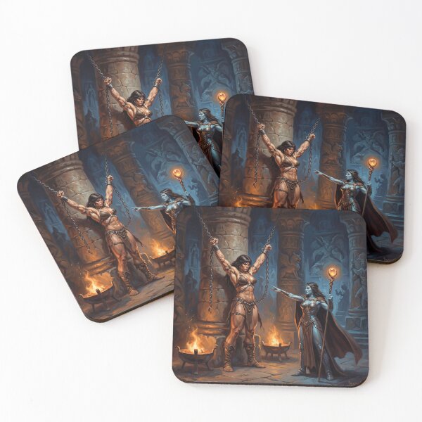 Item preview, Evil sorceress necromancer Interrogation of a Barbarian warrior woman in Defiance illustration fantasy art style designed and sold by Vintage Designs +.