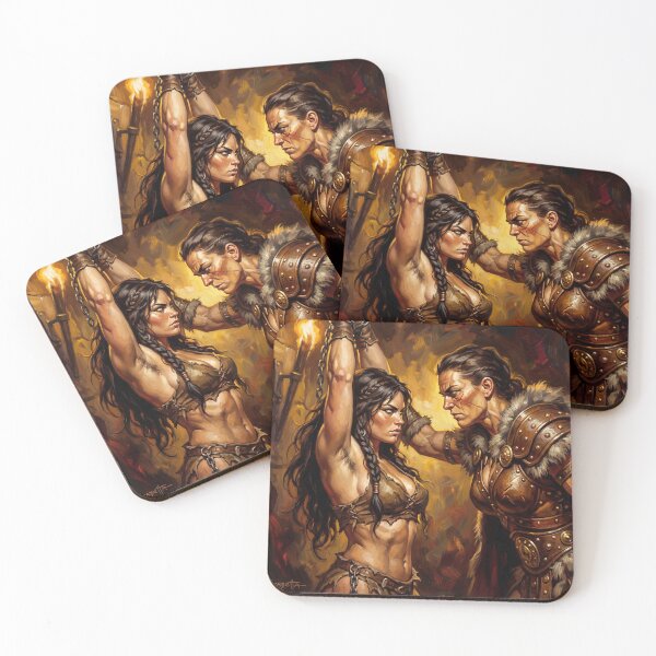 Item preview, Amazon Interrogation of a Barbarian warrior woman in Defiance illustration fantasy art style designed and sold by Vintage Designs +.