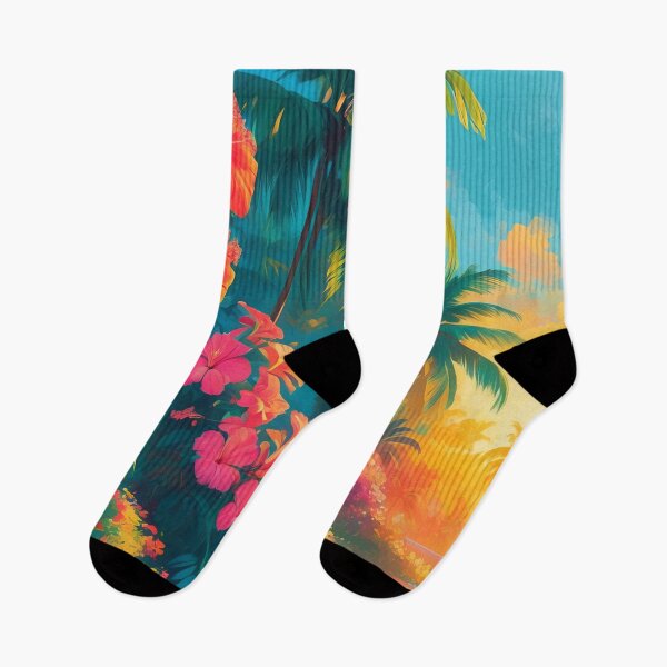 Item preview, Tropical Sunset Waves Among Vibrant Jungle Flowers designed and sold by ArtComixHaven.
