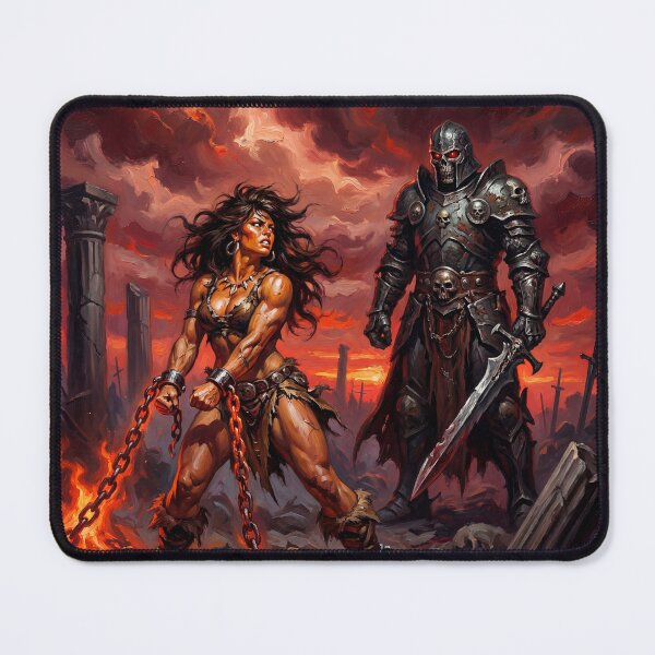 Item preview, Barbarian Woman captured by the Dark Knight illustration fantasy art style designed and sold by Vintage Designs +.