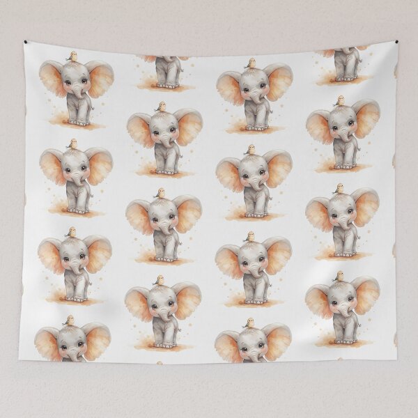 Item preview, Adorable Baby Elephant with Tiny Bird, Premium Nursery Art designed and sold by Moodune.