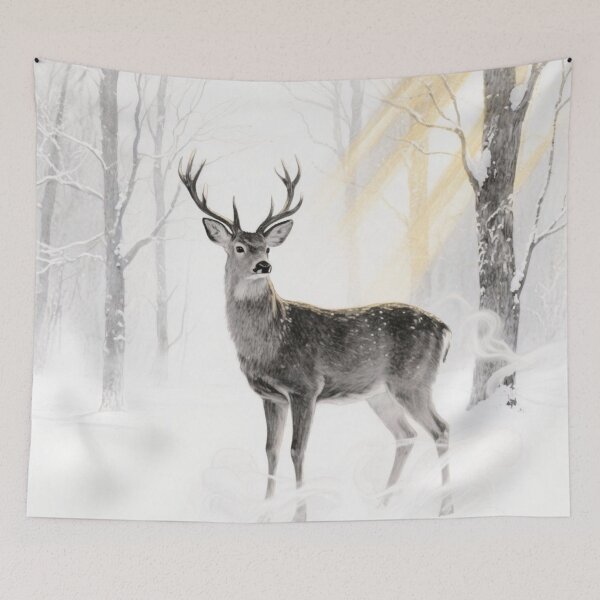 Aperçu de l'œuvre Cerf d'hiver – Brume dans la forêt silencieuse créée et vendue par HappySproutArt.