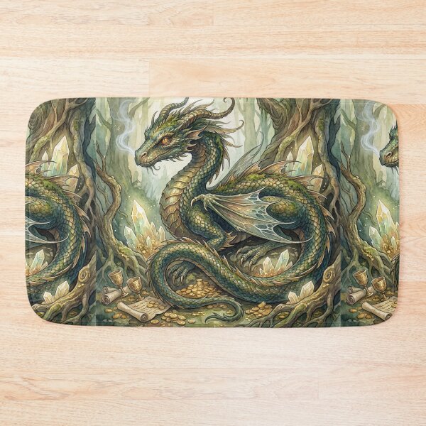 Item preview, Dragon on its crystal hoard creature of folklore watercolor artwork illustration designed and sold by Vintage Designs +.