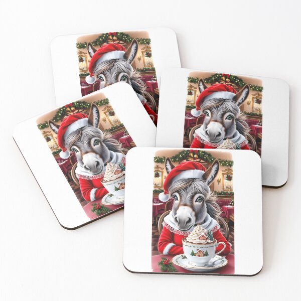 Item preview,  A donkey in Christmas clothes enjoying a varm cup of chocolate. designed and sold by Designfs.