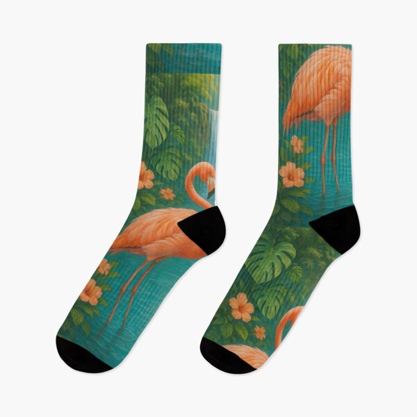 Item preview, Romantic flamingos in front of a waterfall – a tropical nature scene in vibrant colors designed and sold by MrsMimpi.