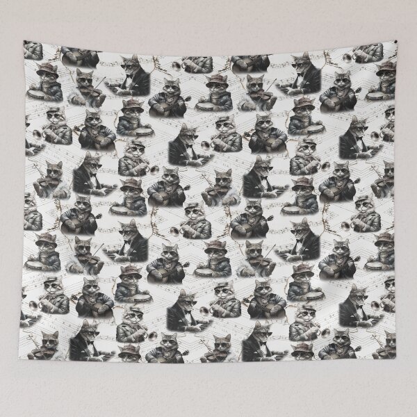 Item preview, Vintage Musical Cats Pattern | Cat Art | Black & White designed and sold by UnhingedBird.