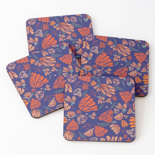 Item preview, Blue Background Orange and red flowers in late fall, holly, cottagecore designed and sold by Sunflowerstudio1.