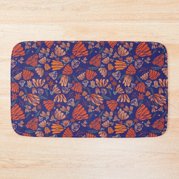 Item preview, Blue Background Orange and red flowers in late fall, holly, cottagecore designed and sold by Sunflowerstudio1.