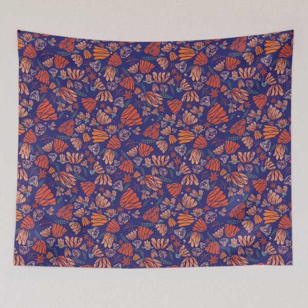 Item preview, Blue Background Orange and red flowers in late fall, holly, cottagecore designed and sold by Sunflowerstudio1.