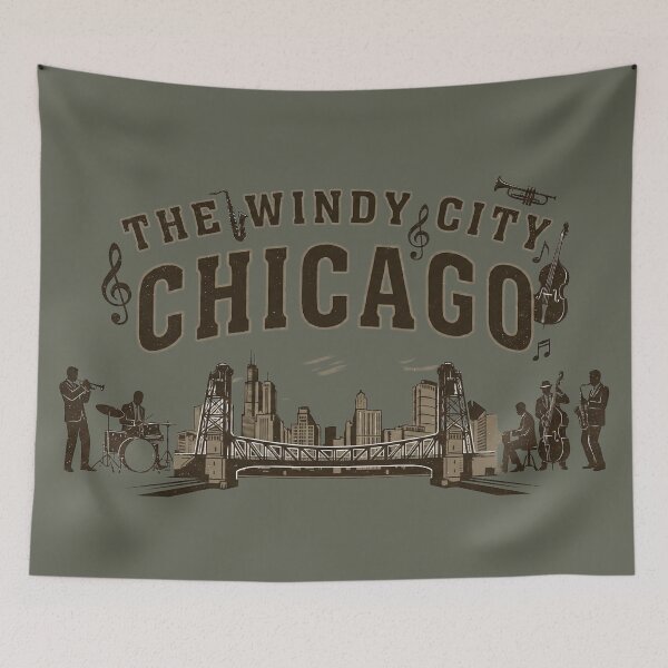 Item preview, Vintage Chicago Jazz - The Windy City Skyline & Band - Heather Olive edition designed and sold by Miss Cutie Designs.