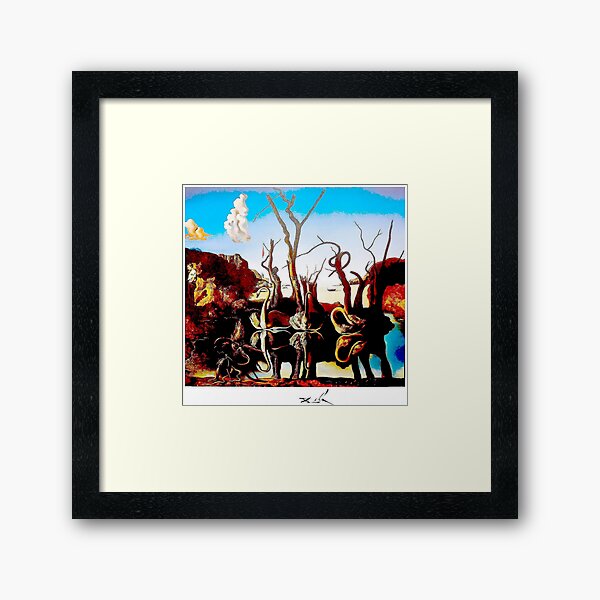 SWANS REFLECTING ELEPHANTS : Vintage Abstract Dali Painting Print Framed Art Print