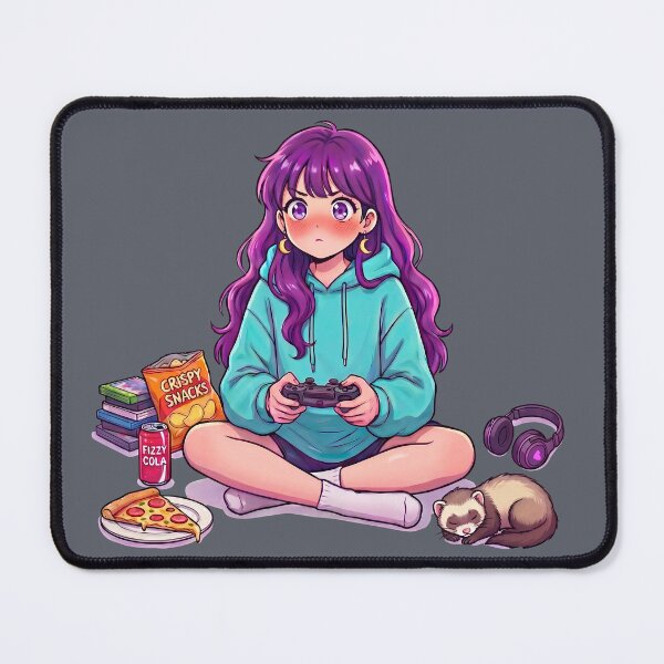 Item preview, Cozy Anime Gamer Girl with Ferret & Snacks designed and sold by Tiny-roar-studio.