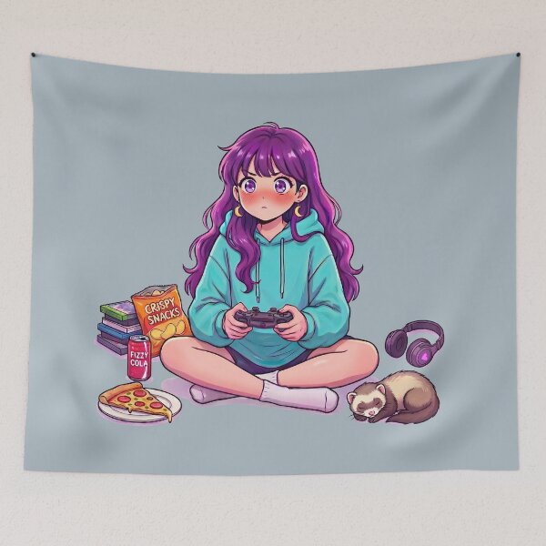Item preview, Cozy Anime Gamer Girl with Ferret & Snacks designed and sold by Tiny-roar-studio.