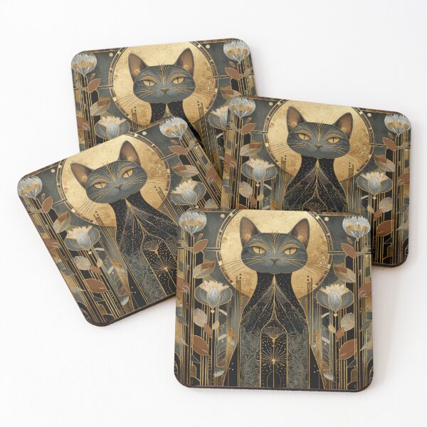 Item preview, Art Deco Cat Poster – Elegant Geometric Floral Design with Gold Accents  designed and sold by ArtFairy38.