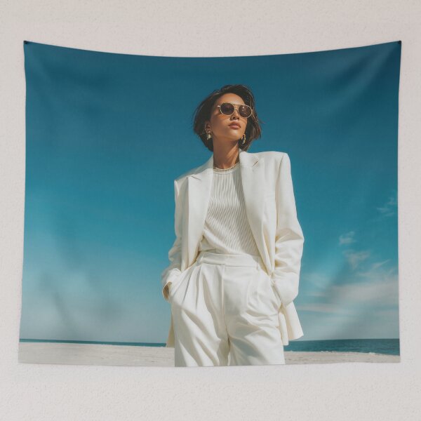 Item preview, Woman in white suit on beach shore designed and sold by anytka.